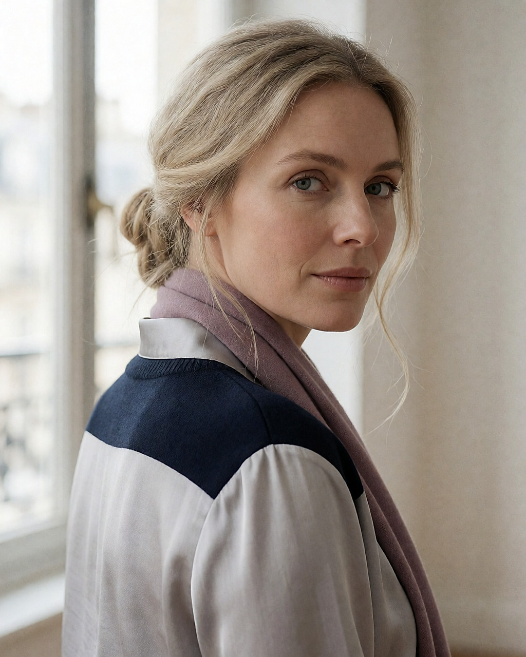 Jeune femme blonde cendrée coiffée en chignon bas, blouse gris perle et maille marine sur les épaules