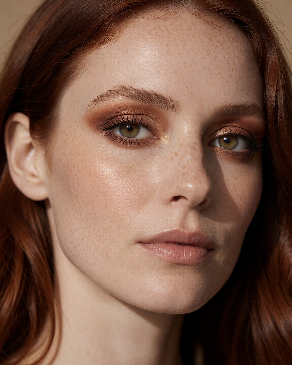 Gros plan d'un maquillage bronze et terracotta sur une peau claire constellée de taches de rousseur