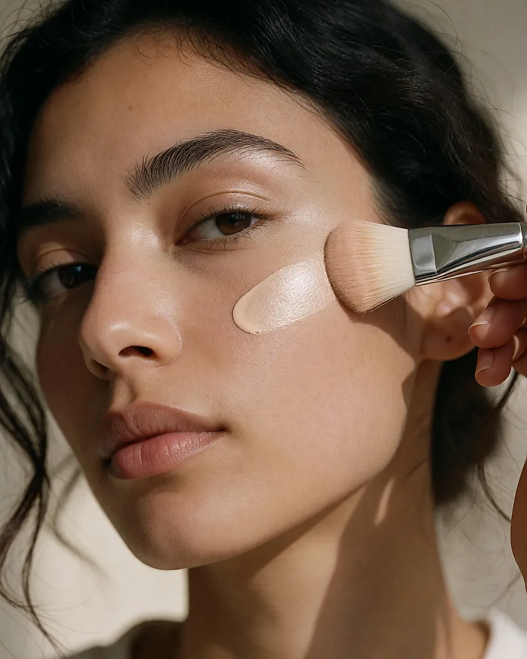 Pinsel, der einen flüssigen Perlglanz-Highlighter auf den Wangenknochen aufträgt, in weichem natürlichem Licht