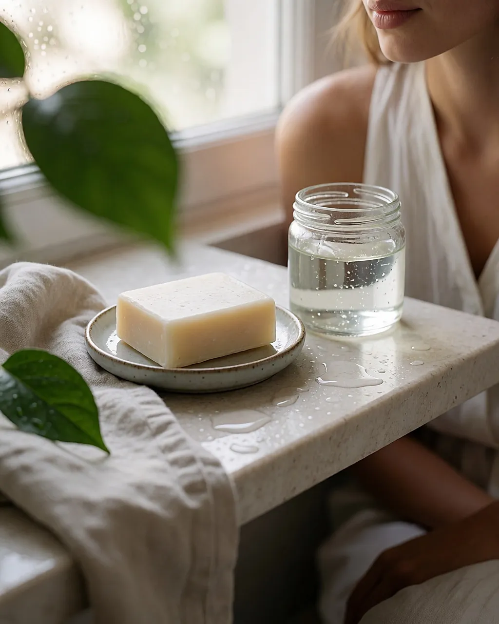 Savon nettoyant solide et gel doux en flacon de verre posés sur une étagère en pierre