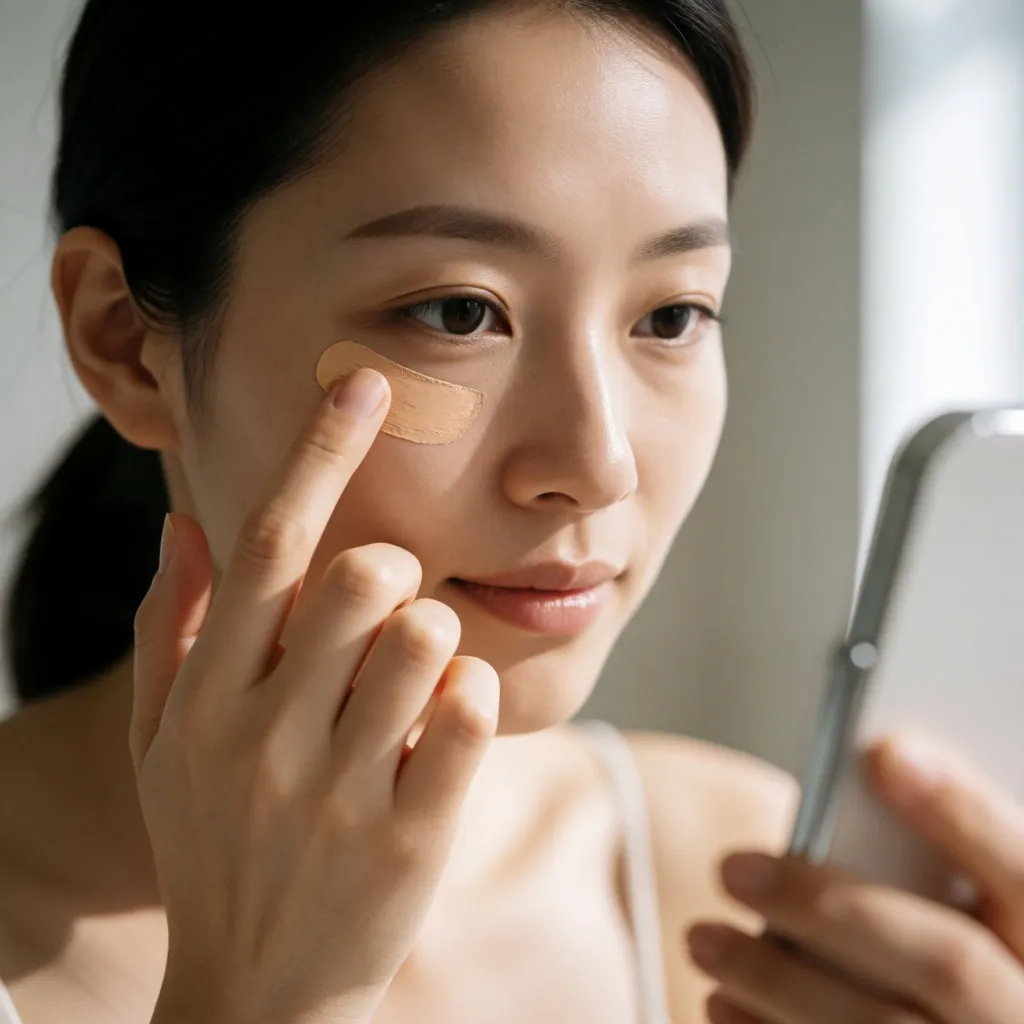 Jeune femme asiatique tapotant un anti-cerne sous son œil du bout du doigt devant un miroir