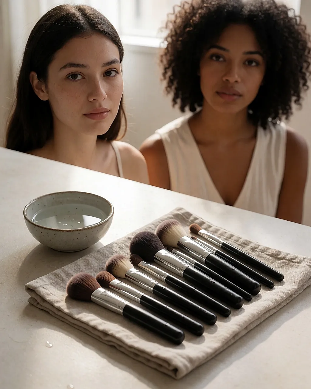 Pinceaux de maquillage lavés en train de sécher sur un linge en lin