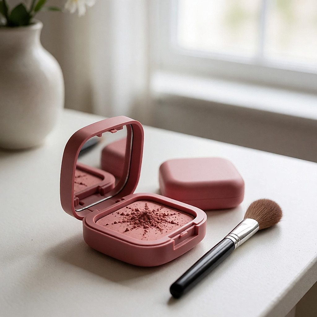 Blush rose en poudre pressée dans son boîtier ouvert, pinceau posé à côté