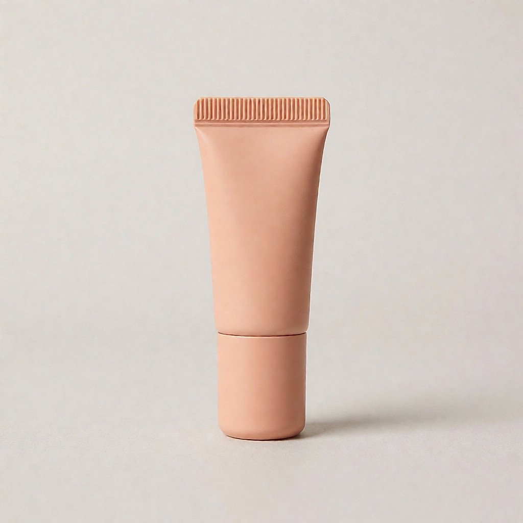 Petit pot de base correctrice teinte pêche posé sur une surface claire