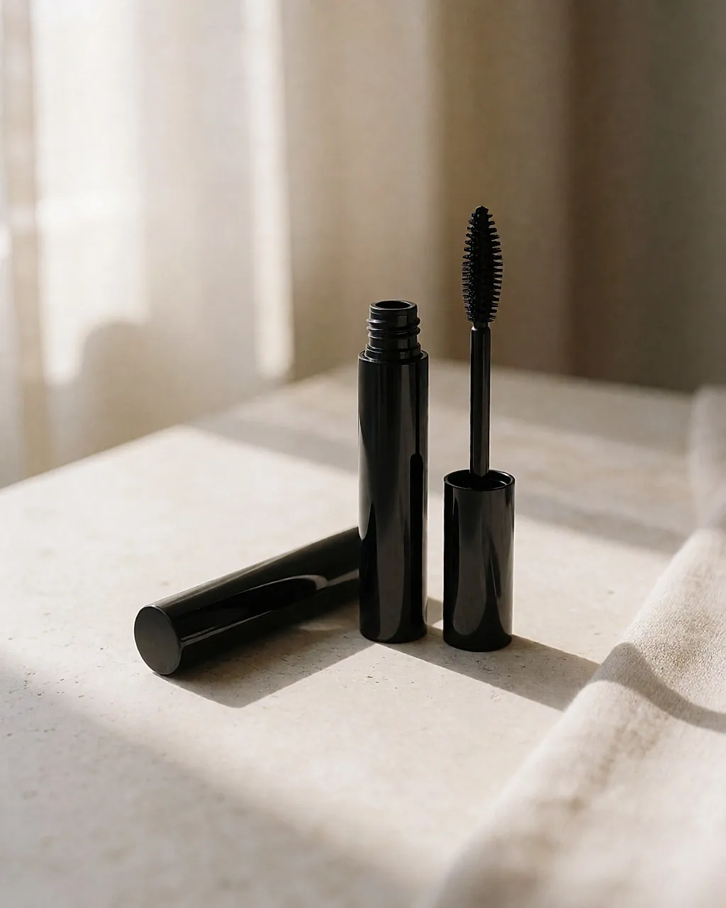Tube de mascara noir ouvert, brosse posée à côté sur une surface claire