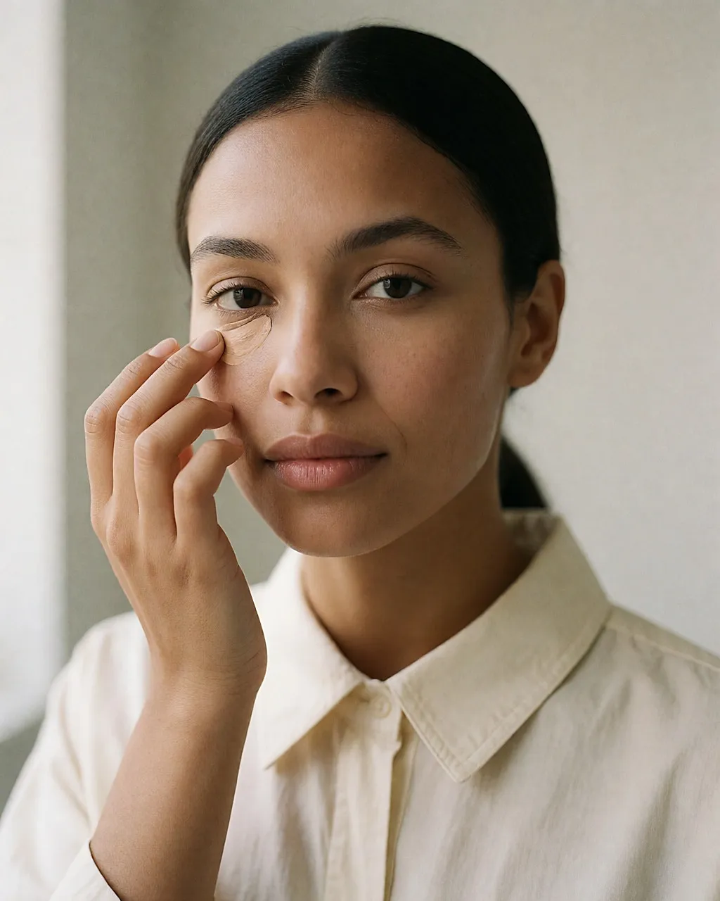 A small tap of concealer under the eye, from the inner corner outwards