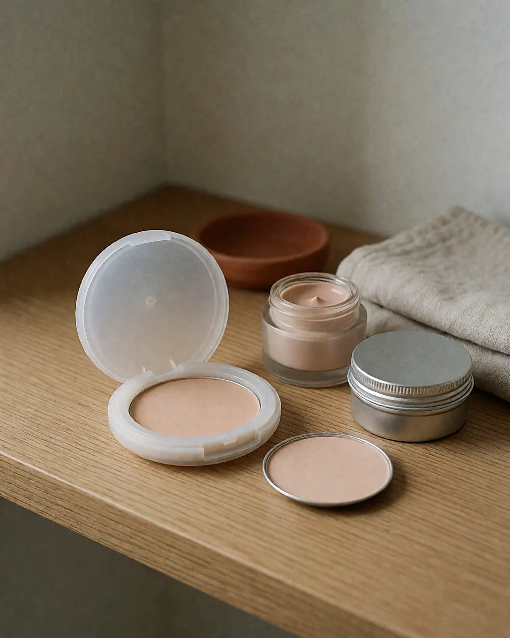 A powder refill next to its reusable compact and a glass jar