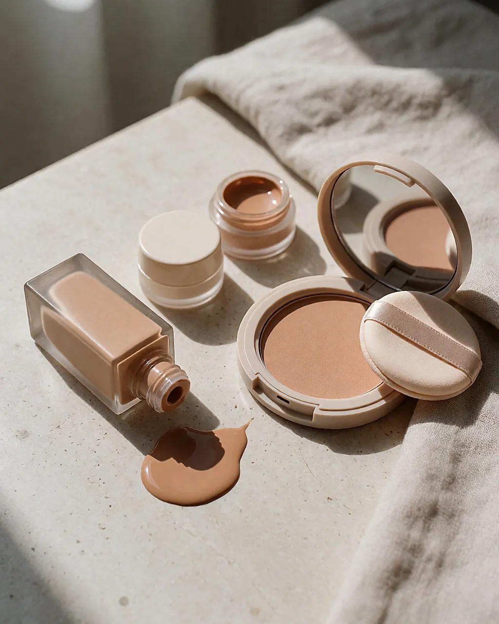 Compact powder, tinted cream and liquid foundation together on a pale surface