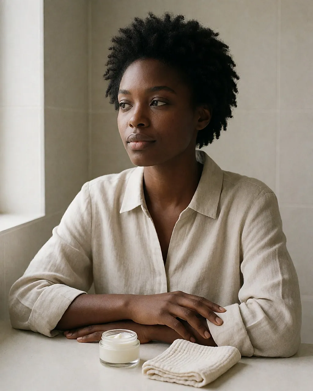 A young woman waits, still, for her cream to sink in before applying makeup