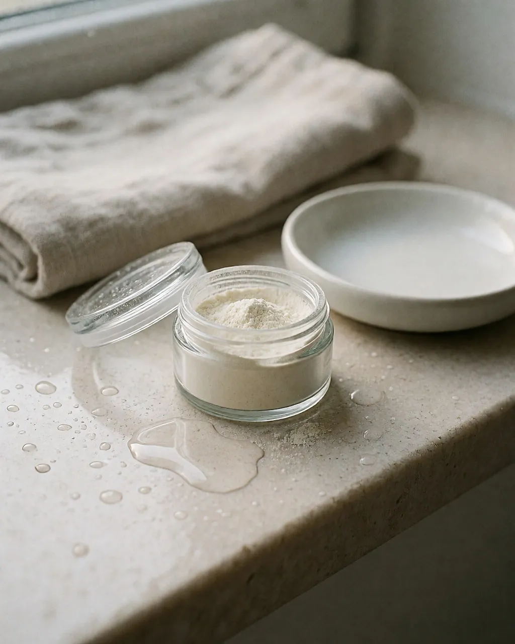 A pot of fine enzymatic exfoliating powder, grain-free, resting on a wet stone