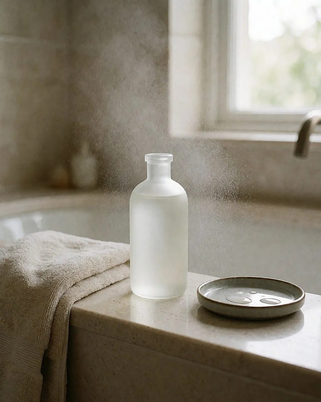 A frosted-glass mist bottle and a fine cloud of water in the light
