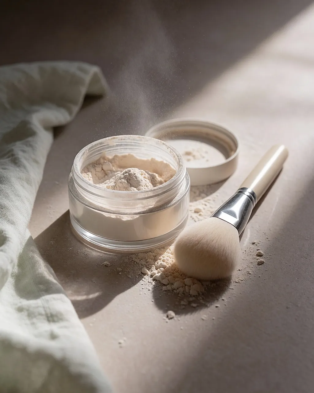 Translucent loose powder and brush resting on a light-toned cloth