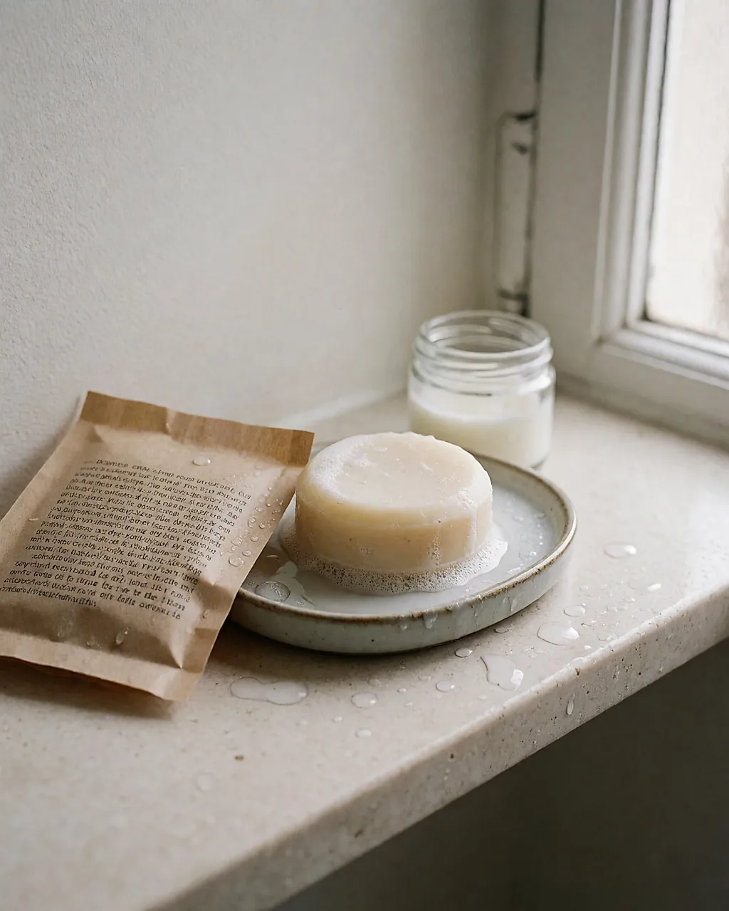 Solid cleansing bar on a damp dish, next to a glass jar