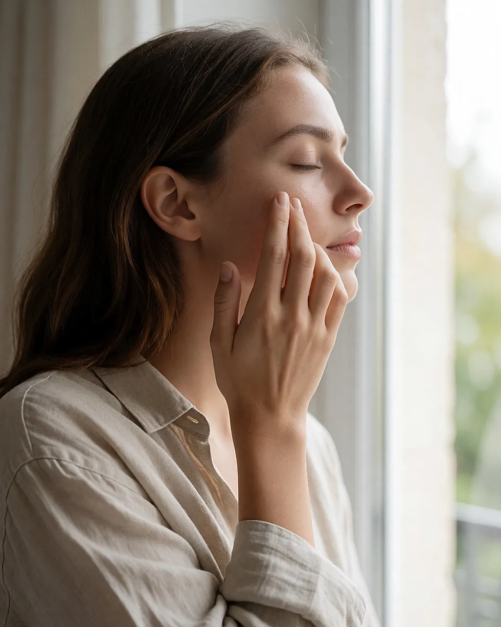 Young woman applying a light hydrating fluid to her cheek, seen in profile