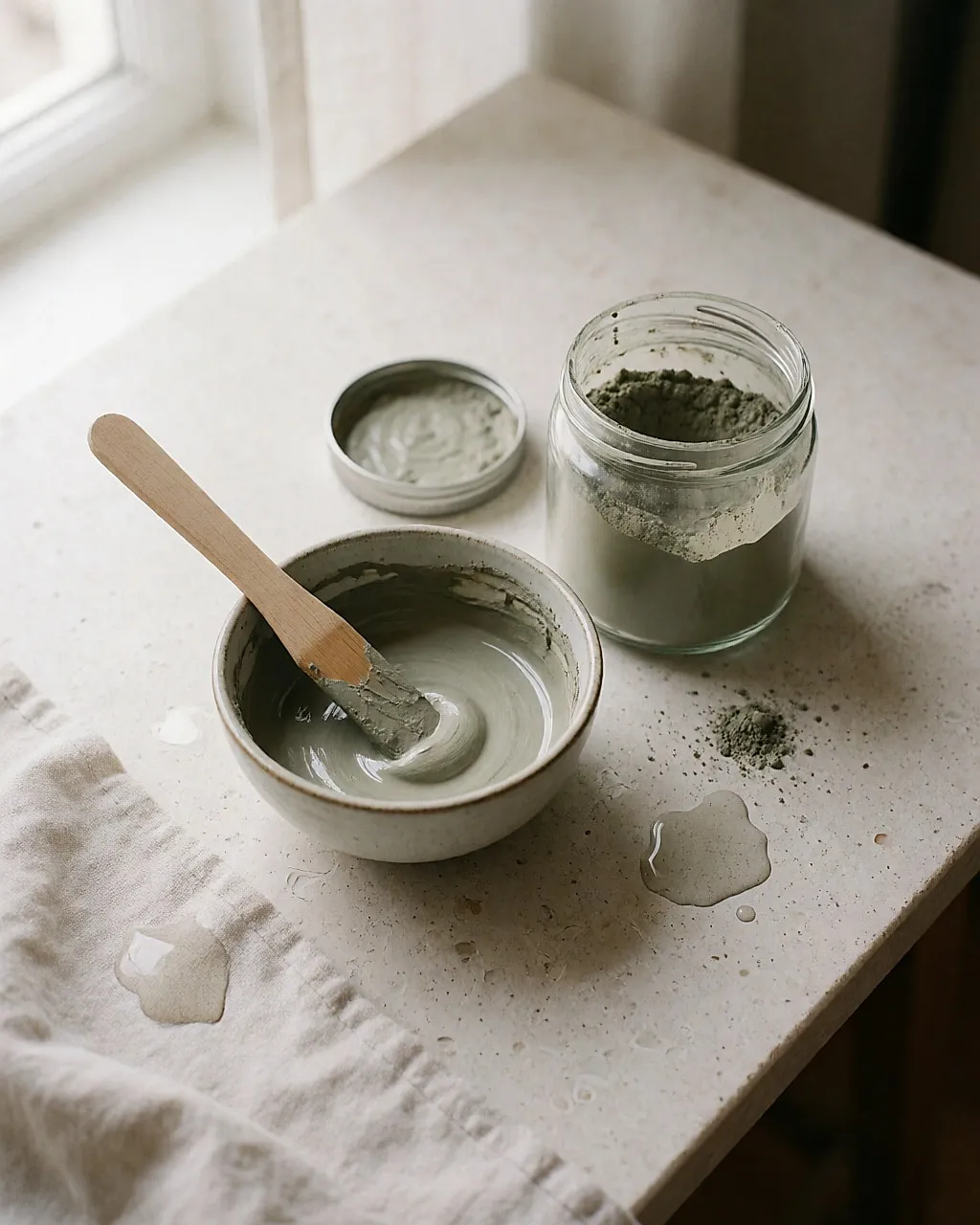 Clay mask mixed in a bowl, wooden spatula and jar of powder