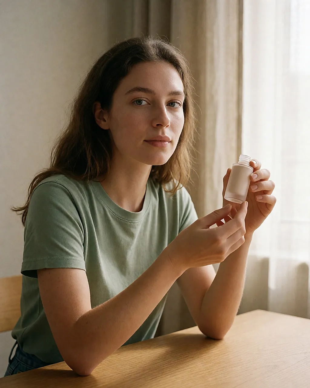 Young woman applying a mattifying makeup base in small dabs