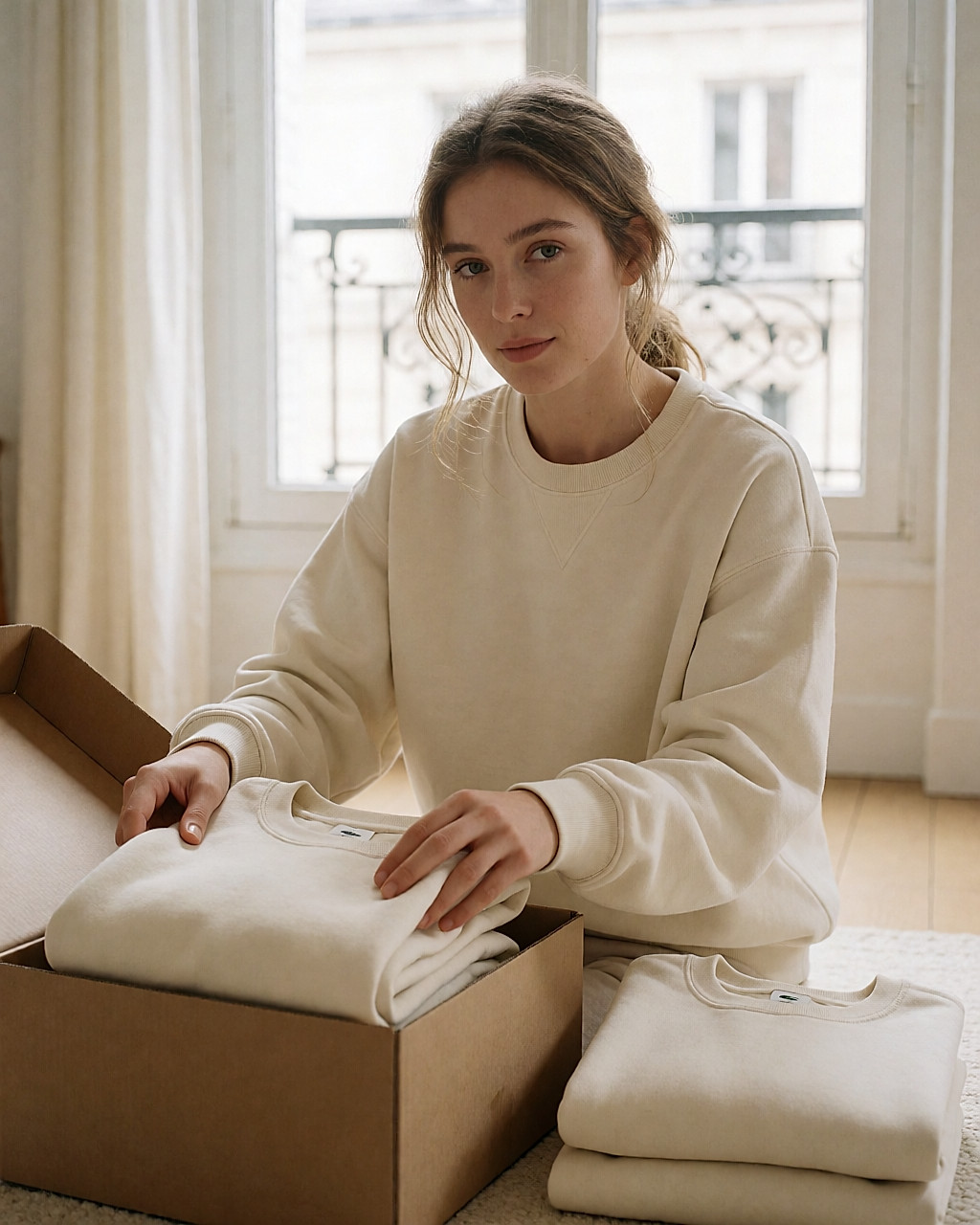 Jeune femme pliant des sweats en coton bio écru dans un carton kraft, dans un appartement lumineux
