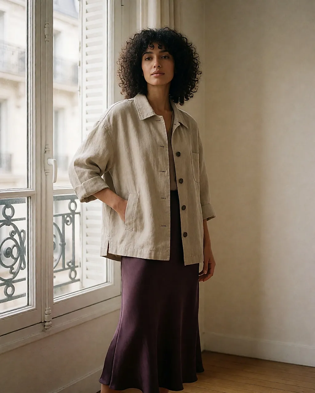 Frau in sandfarbener Oversize-Leinenjacke und pflaumenfarbenem Satinrock, Layering vor einem Fenster