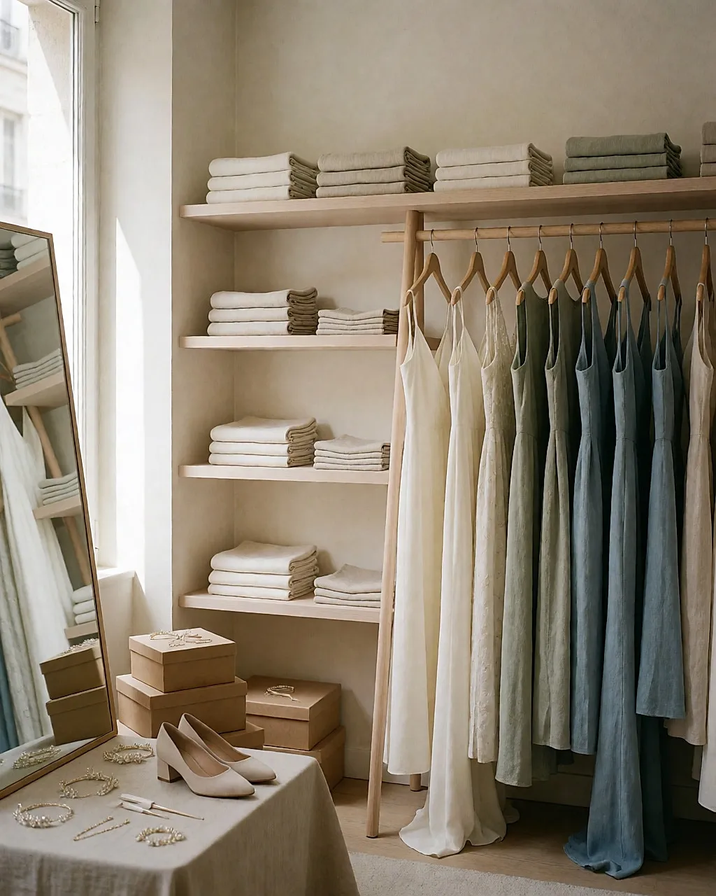 Helles Interieur einer Hochzeitsboutique in der Île-de-France: Kleiderständer mit elfenbeinfarbenen Roben, gefaltete Textilien und Brautaccessoires