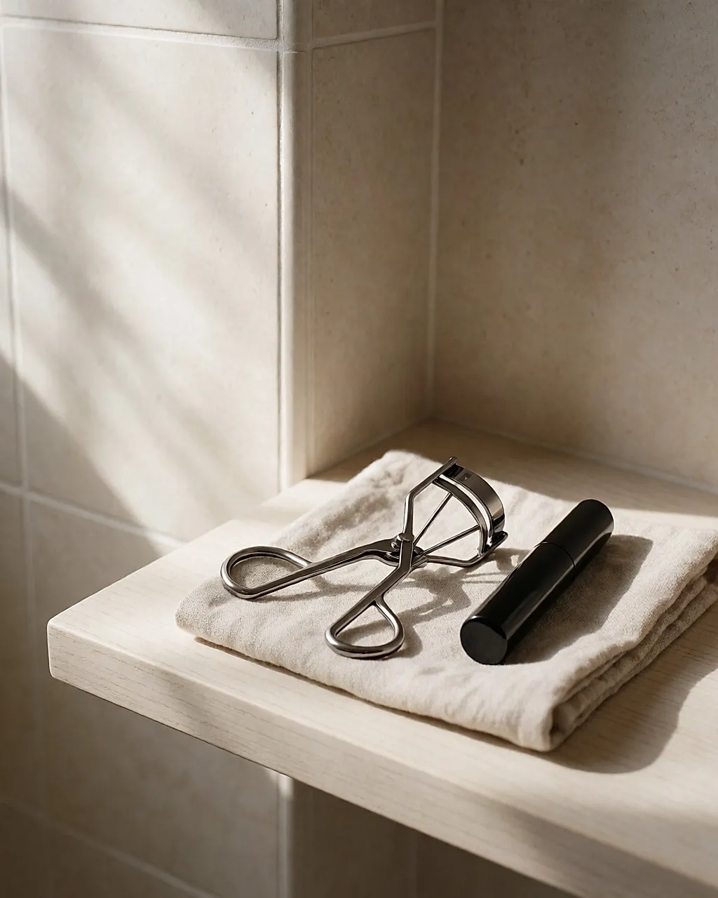 An open metal eyelash curler resting on a linen cloth beside a mascara