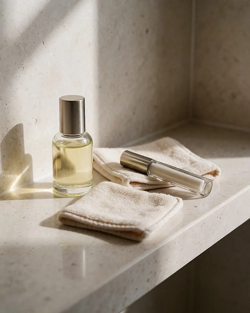 A bottle of jojoba oil, a washable cotton pad and a refillable glass mascara