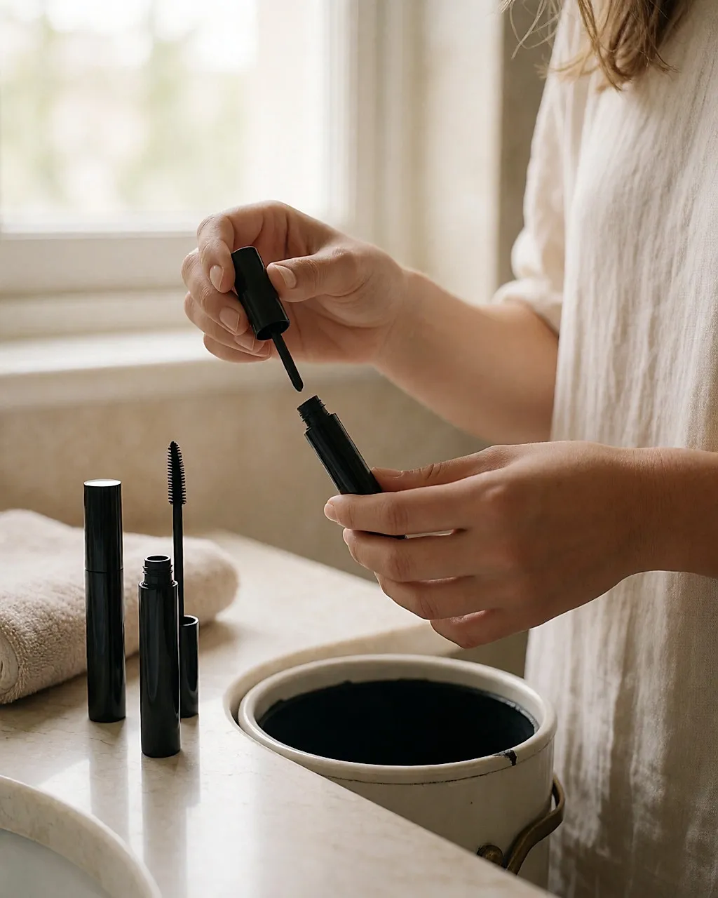 Hands dropping a dried-out, open mascara into a small bin