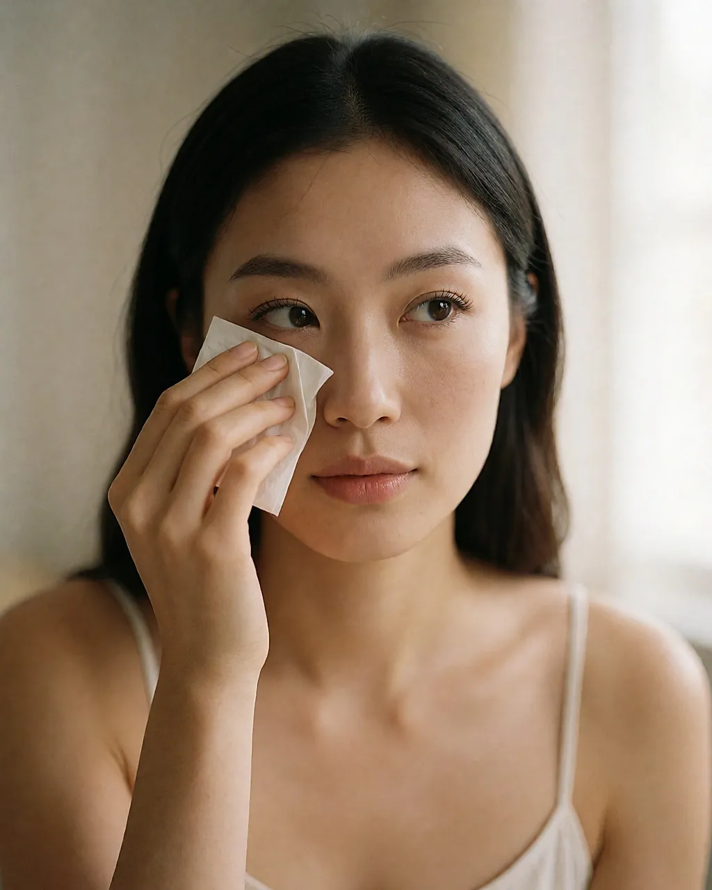 A young woman fixing a smudge of mascara at the outer corner of her eye with a tissue