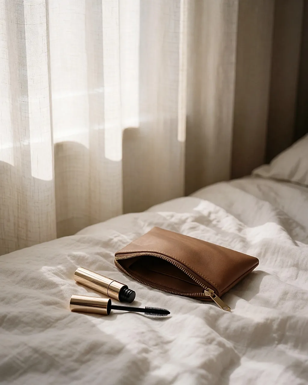 Geöffnete Kosmetiktasche auf einem Bett, goldener Tube und kleine feine Bürste
