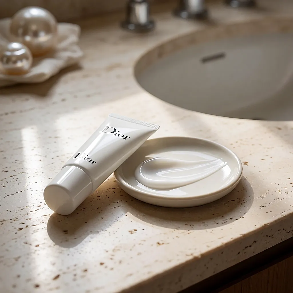 A Dior tube of translucent gel-cream mask on a pale counter with a dab of fresh texture