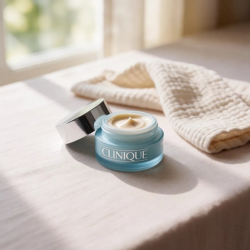 An open little blue Clinique pot, a beige exfoliating paste and a cotton cloth