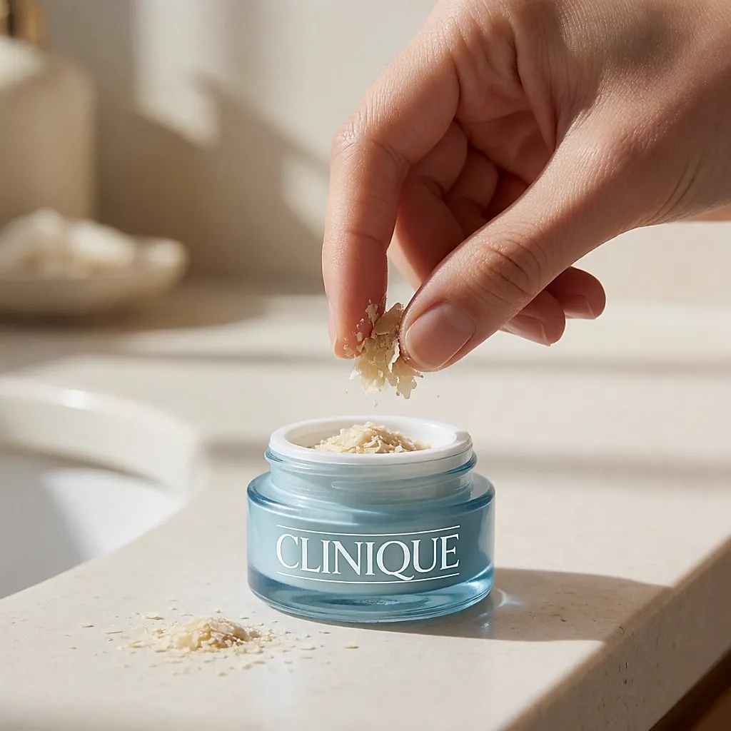 Fingers lifting flakes of exfoliating mask above an open Clinique pot