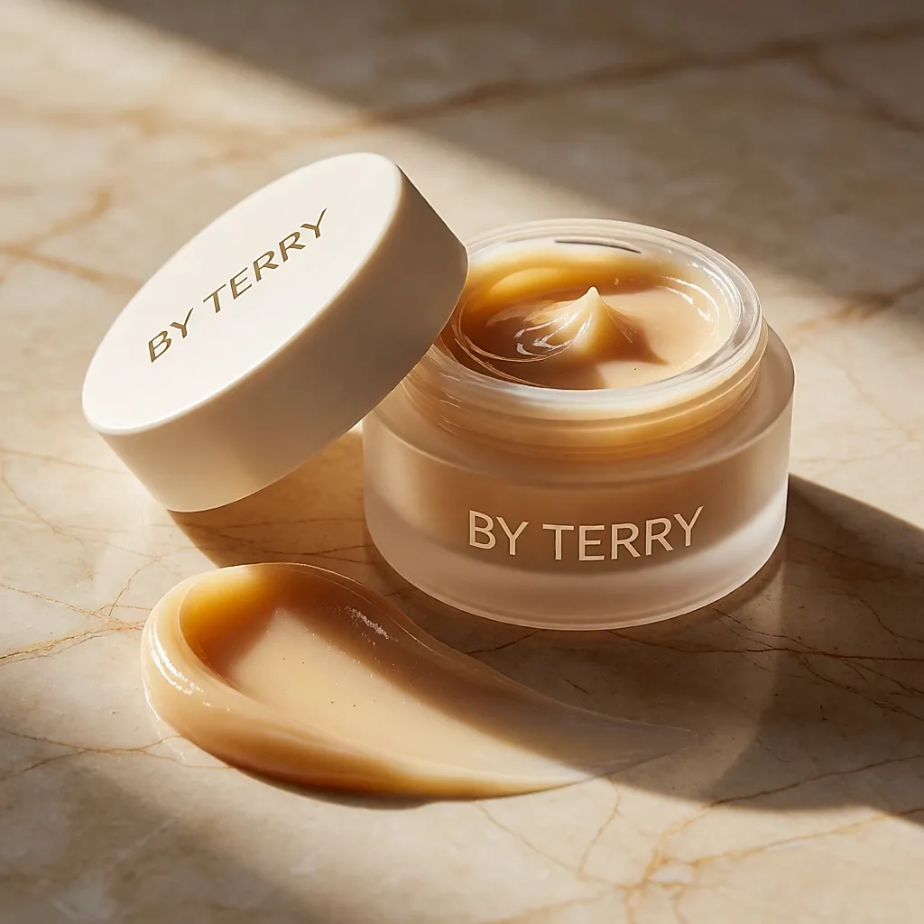 An open By Terry jar and a dab of amber balm on marble