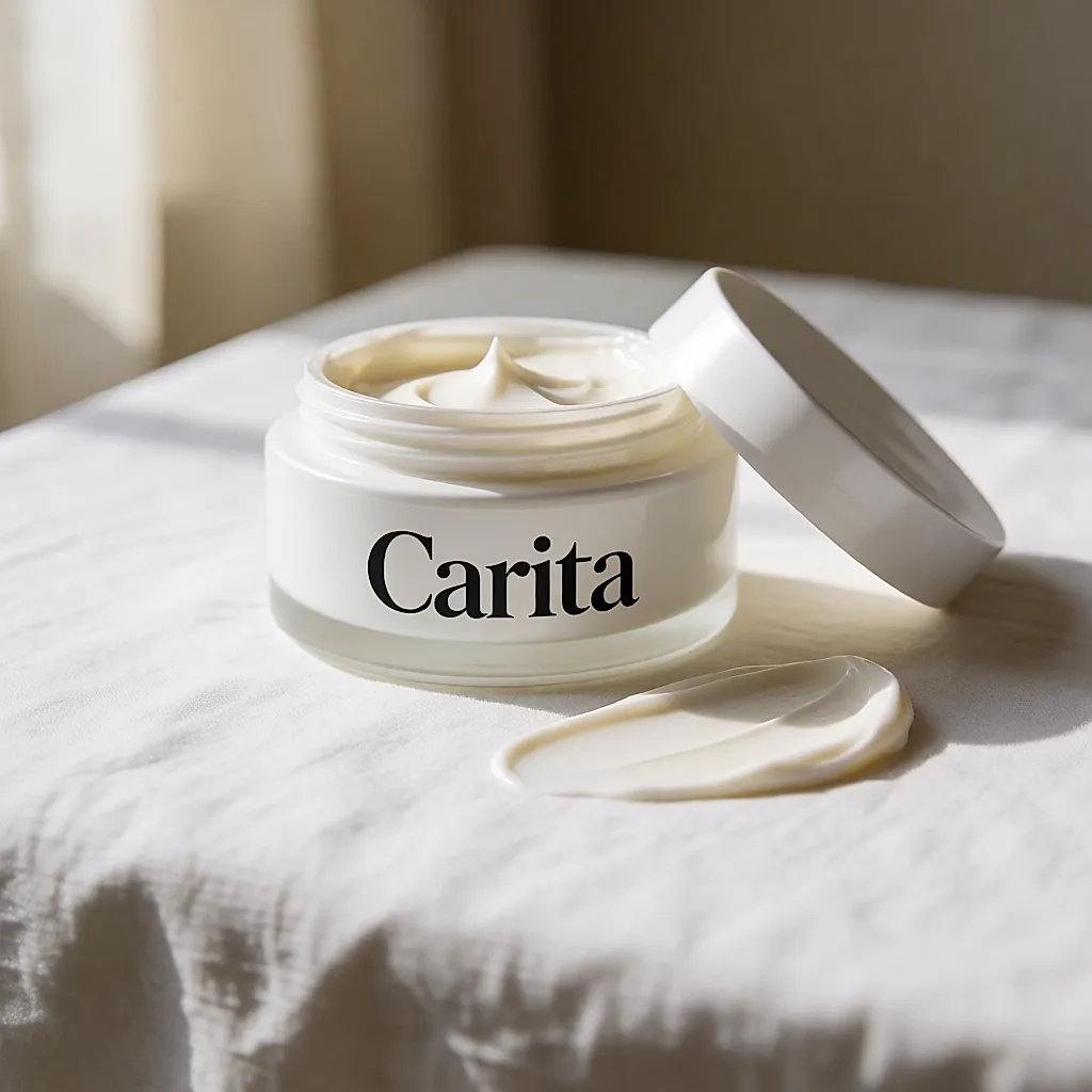 A large white Carita jar and a cottony texture on a cotton sheet