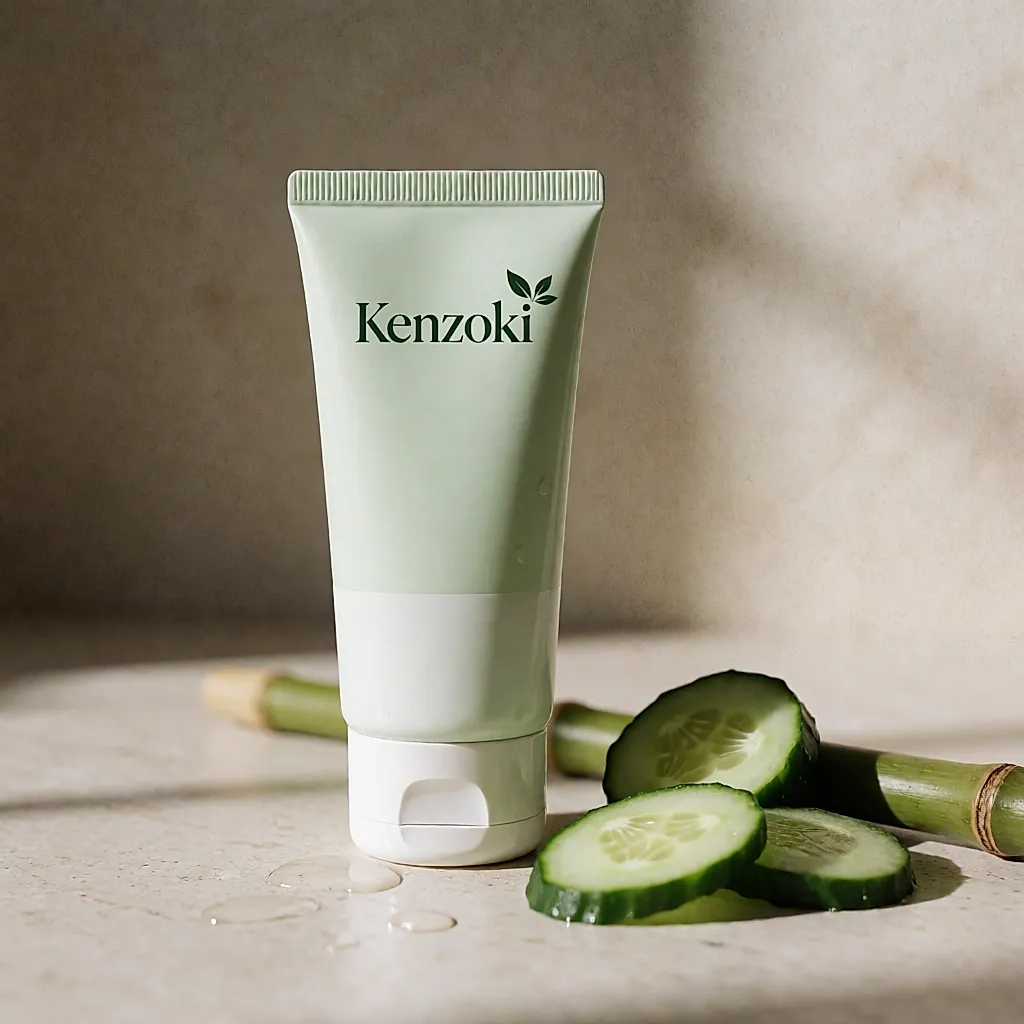 Tube of fresh gel mask surrounded by cucumber and bamboo