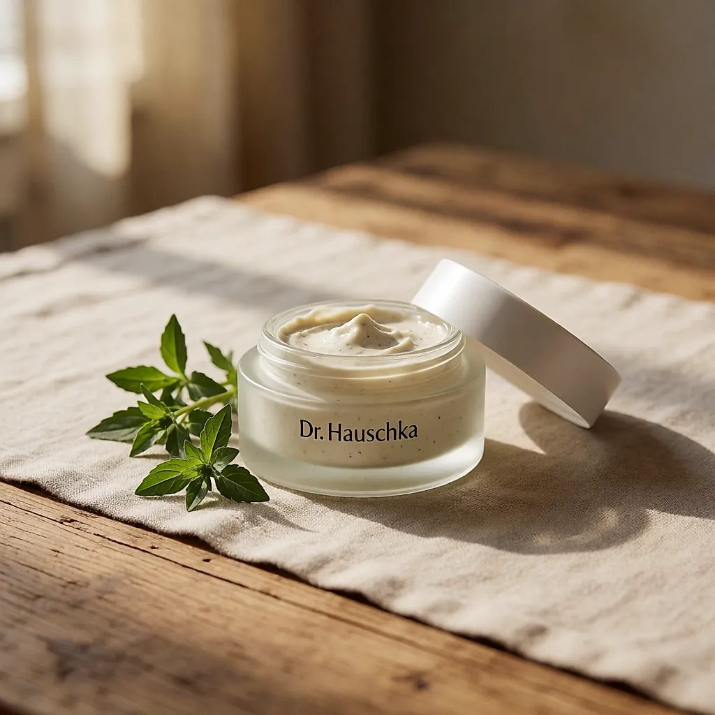 An open Dr. Hauschka glass jar, a plant-based cream and a few fresh herbs