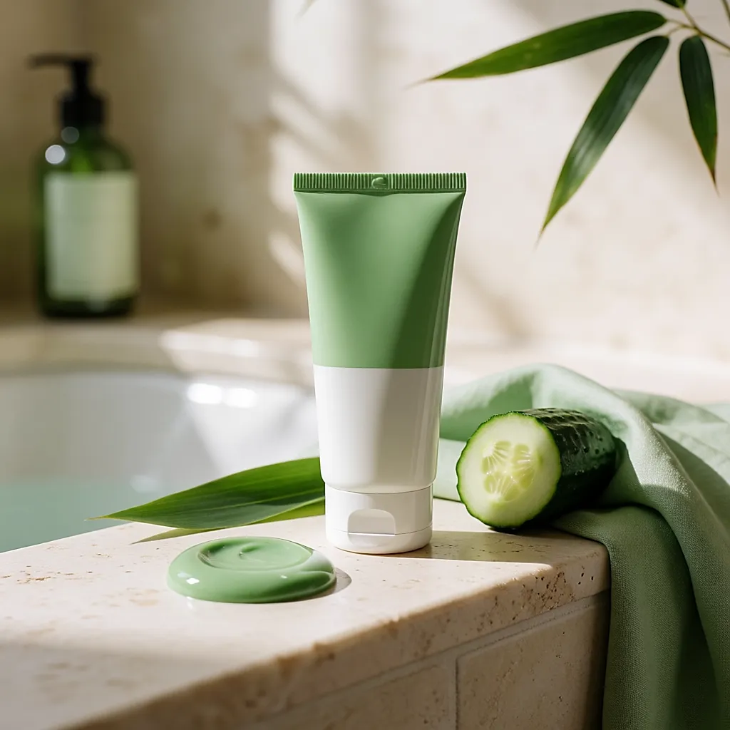 Green and white tube of energising mask and fresh gel on a ledge