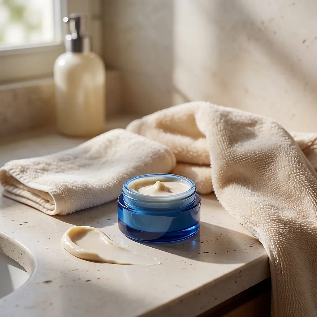 Open little blue pot of exfoliating mask, beige paste and cotton cloth