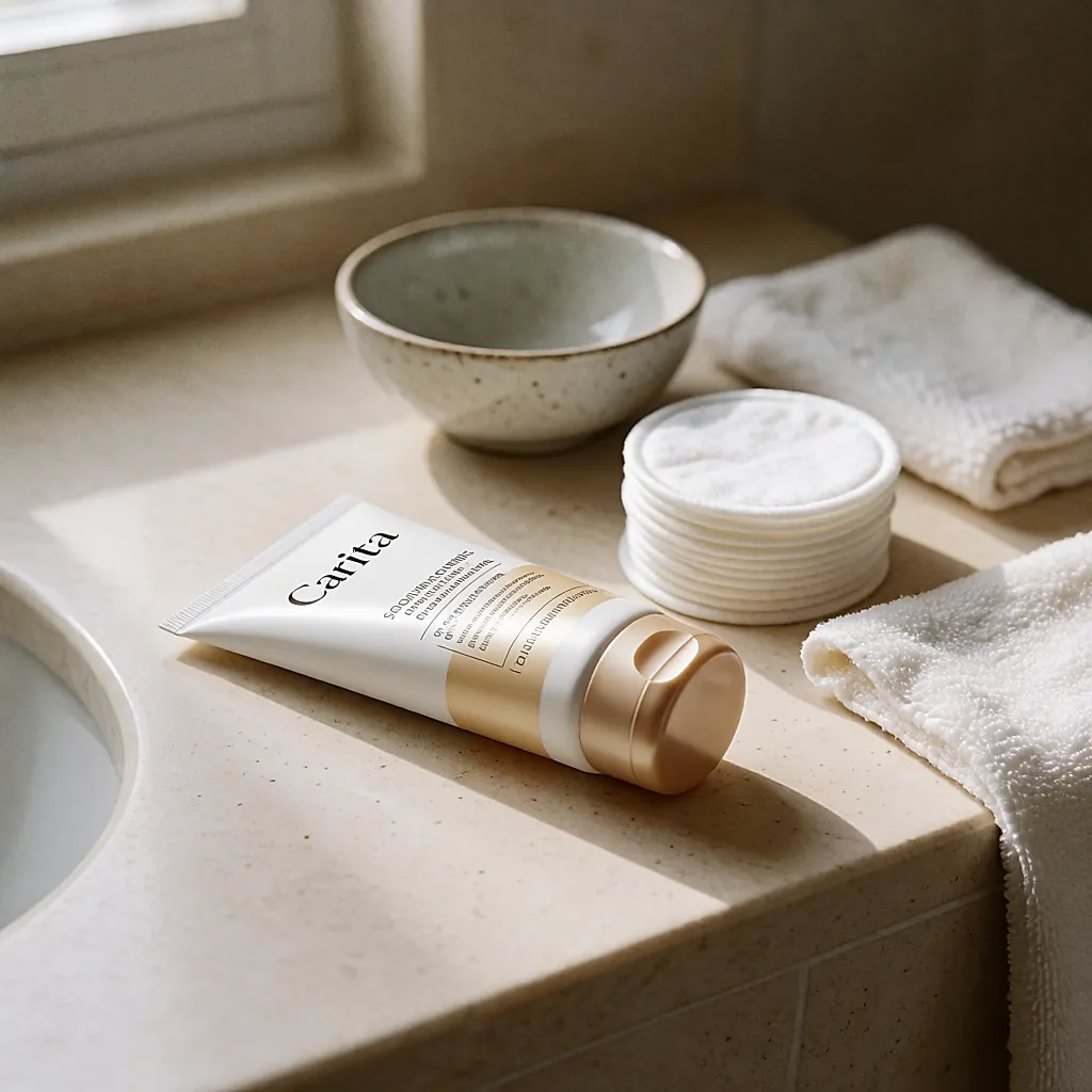 Tube of soothing mask with cotton pads and a bowl