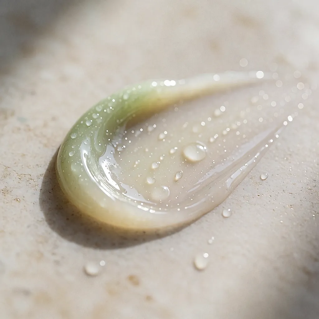 Translucent gel texture of the fresh mask swatched on a pale stone