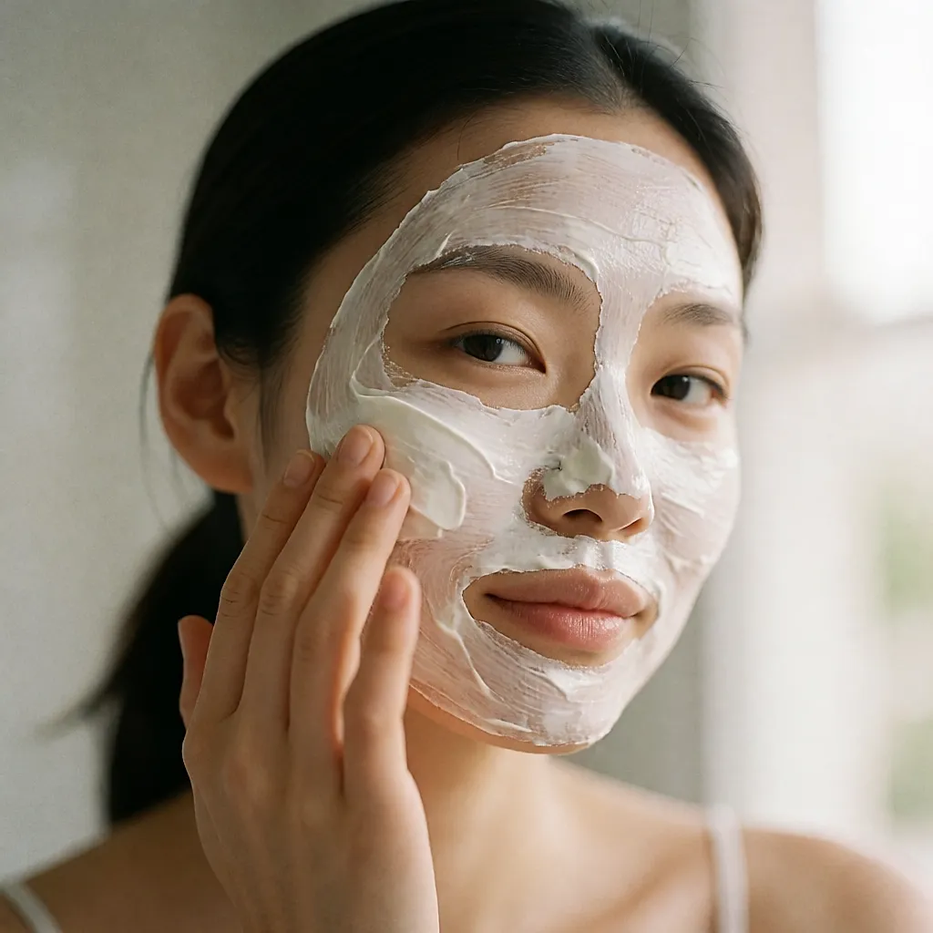 Fingers rolling a dried exfoliating mask on the cheek