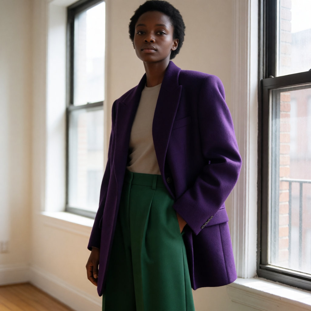 Femme en blazer violet oversize et pantalon large vert bouteille, dans une pièce lumineuse