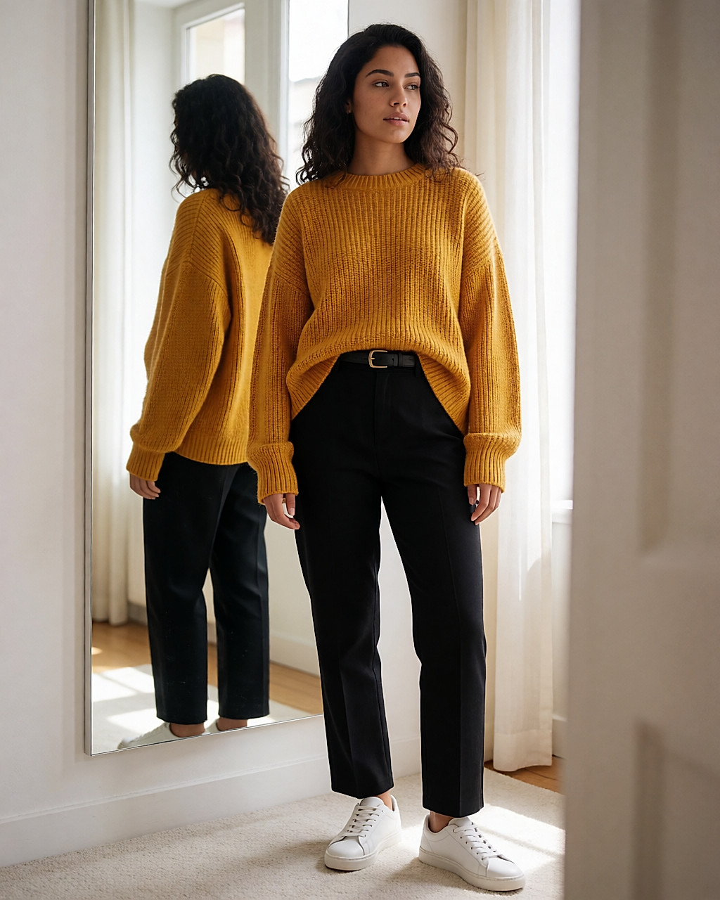 Pull oversize jaune moutarde porté avec un pantalon droit noir et une ceinture fine