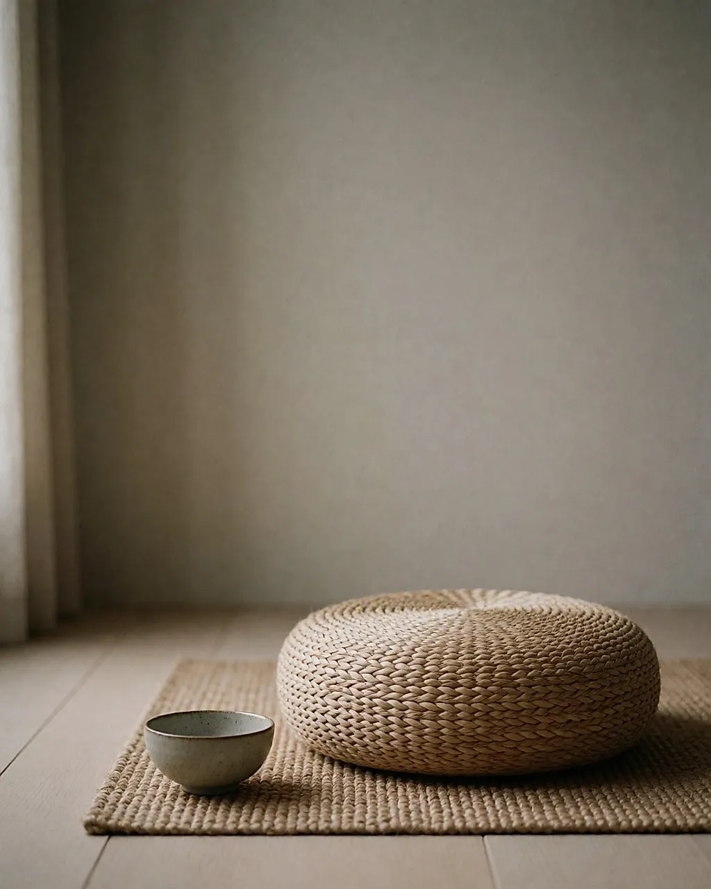Rincón de meditación minimalista: un zafu redondo sobre una esterilla natural con luz suave