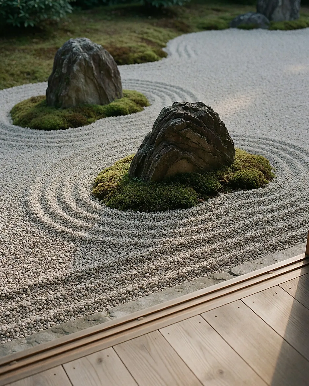 Jardín seco japonés, grava rastrillada en líneas alrededor de piedras oscuras y musgo