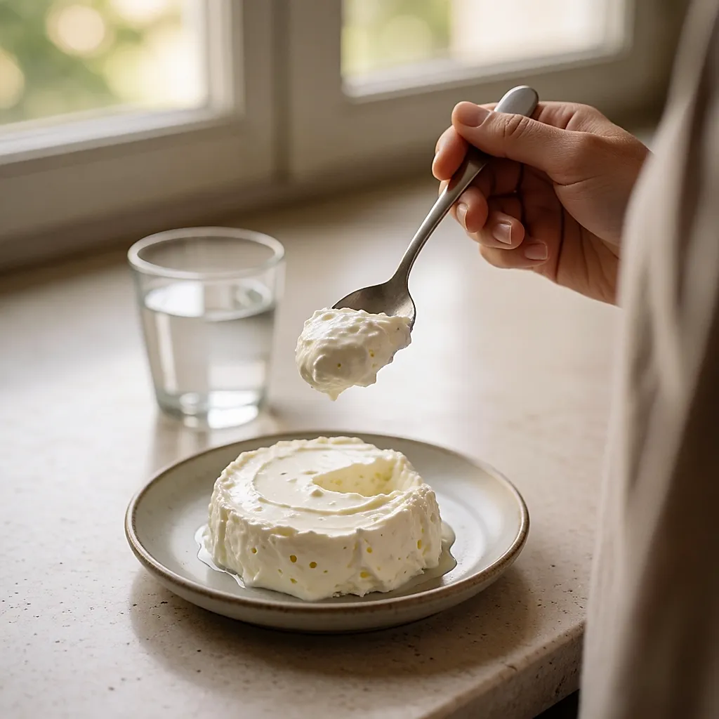 Nahaufnahme eines Löffels luftiger Creme mit vielen Bläschen über einer Schüssel