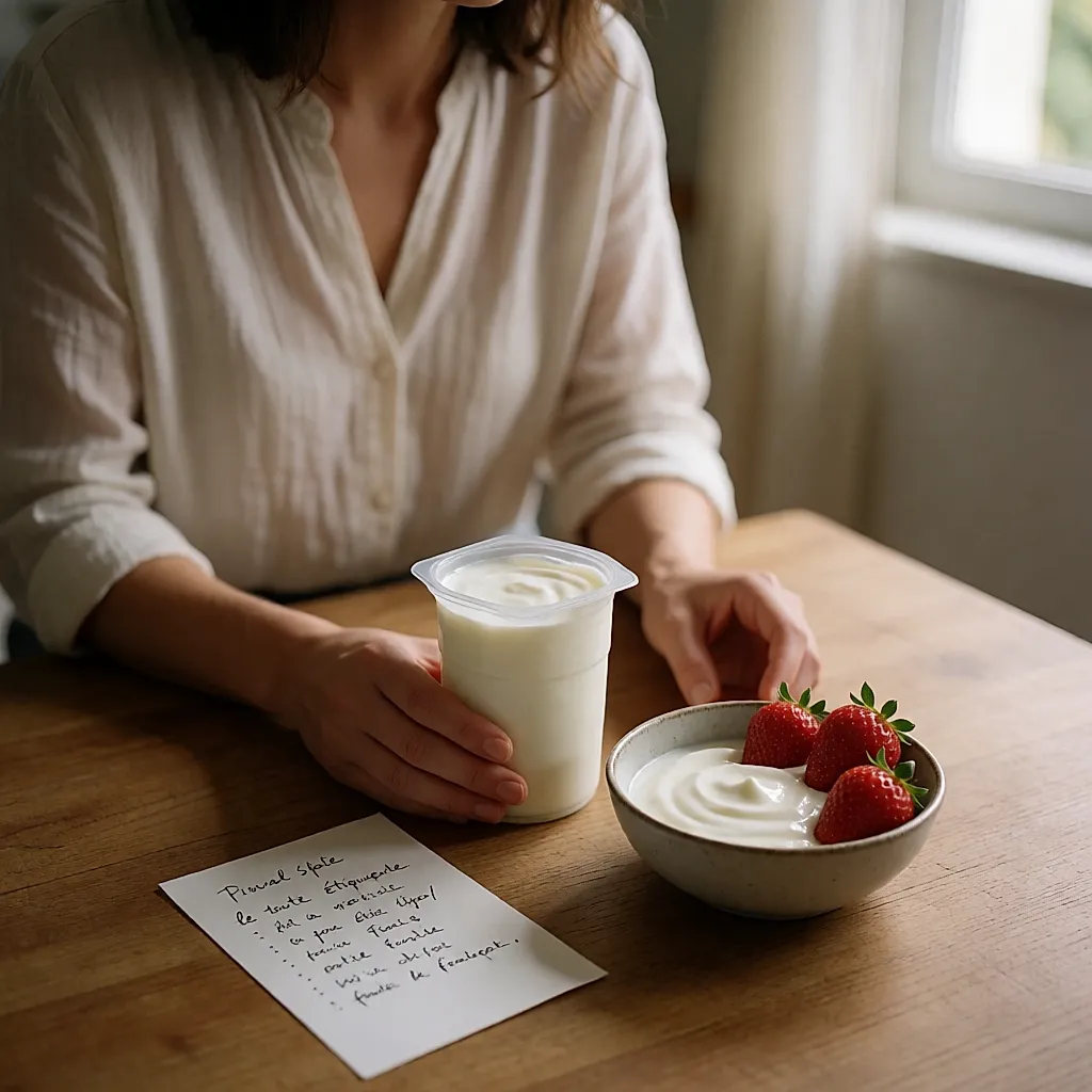 Hände geben frisches Obst in eine Schüssel mit Naturjoghurt