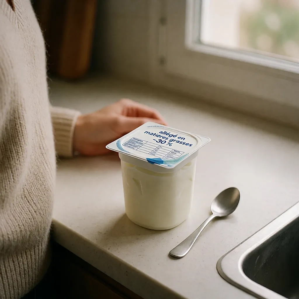 Étiquette d’un yaourt allégé avec la mention du nutriment et du pourcentage de réduction