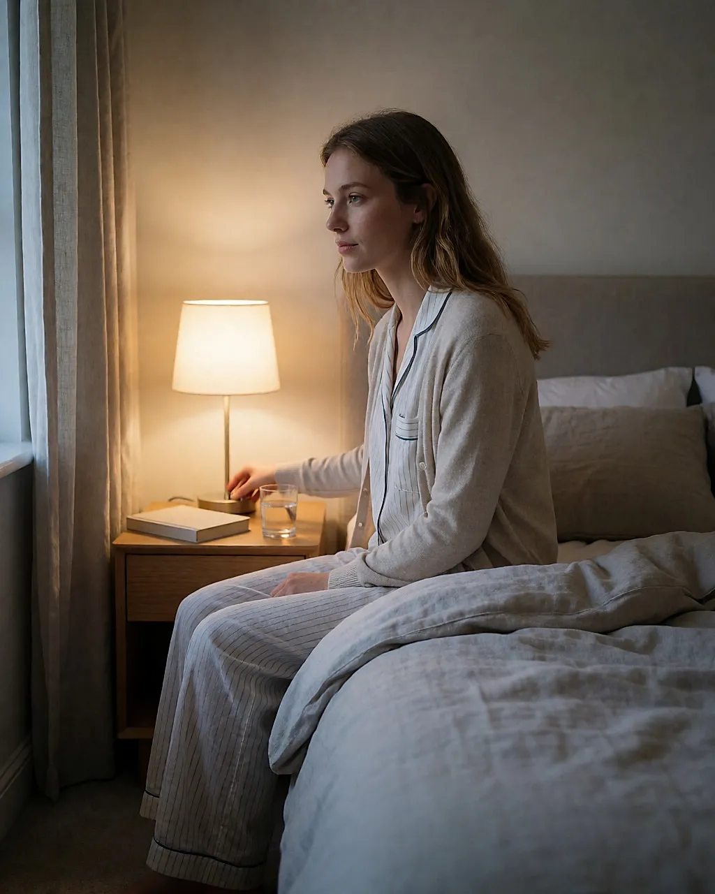 Junge Frau im Pyjama schaltet ihre Nachttischlampe aus, ruhiges Zimmer im Dämmerlicht