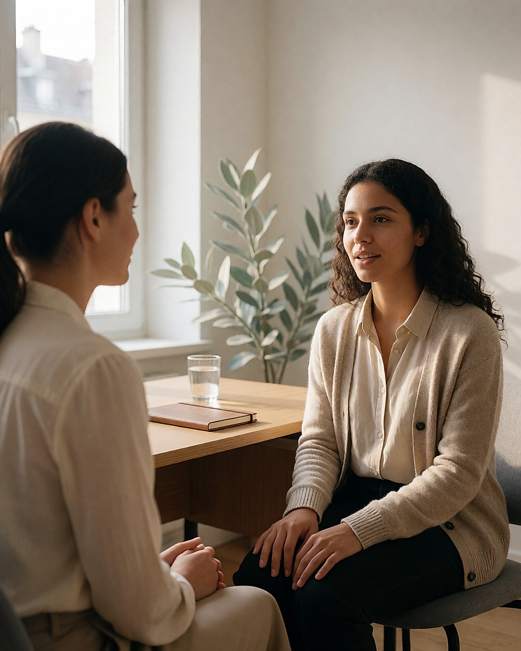 Jeune femme assise face à une médecin dans un cabinet lumineux, lumière douce du matin