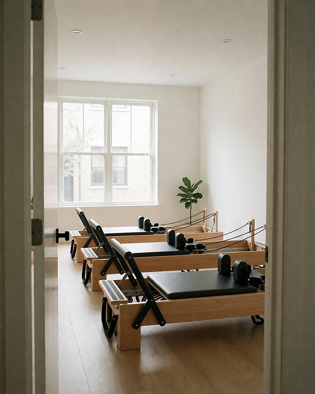 Estudio de Pilates vacío visto desde la puerta, tres máquinas Reformer alineadas